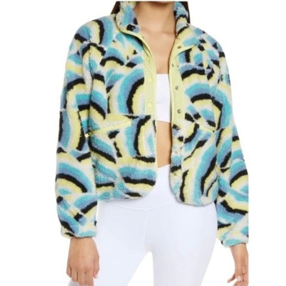 Free People Movement Sz M Rocky Ridge Jacket Sherpa Fleece Blue Rainbow Combo